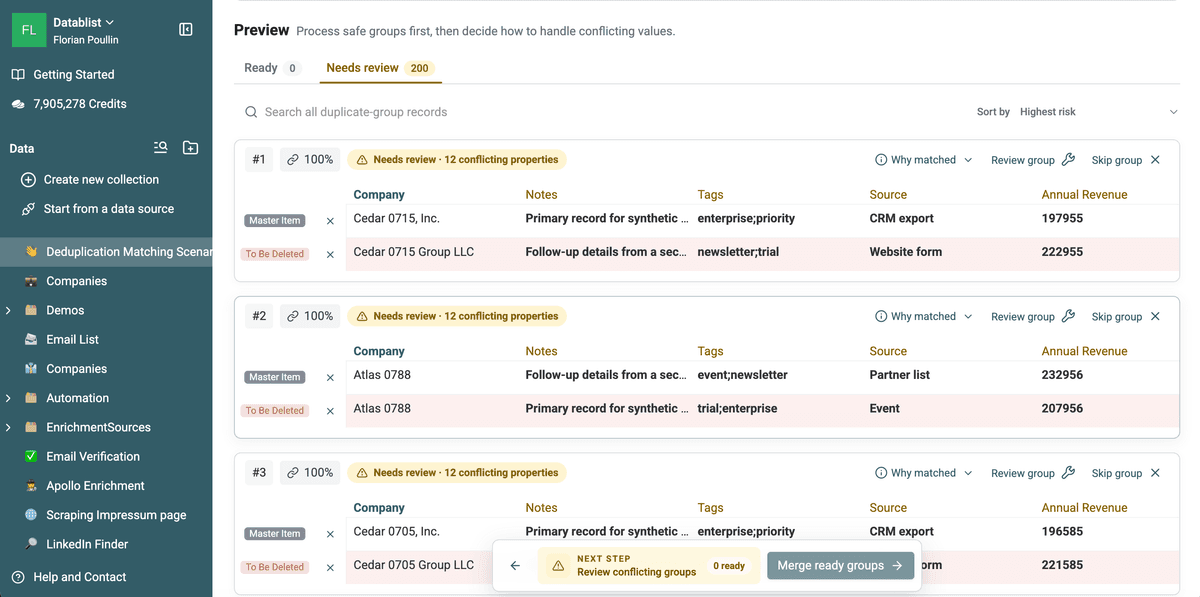 Company Name results with 200 duplicate groups in Needs review