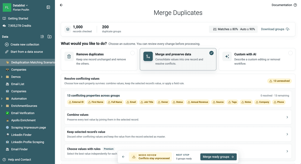 Website matching results with 1,000 records checked and 200 duplicate groups