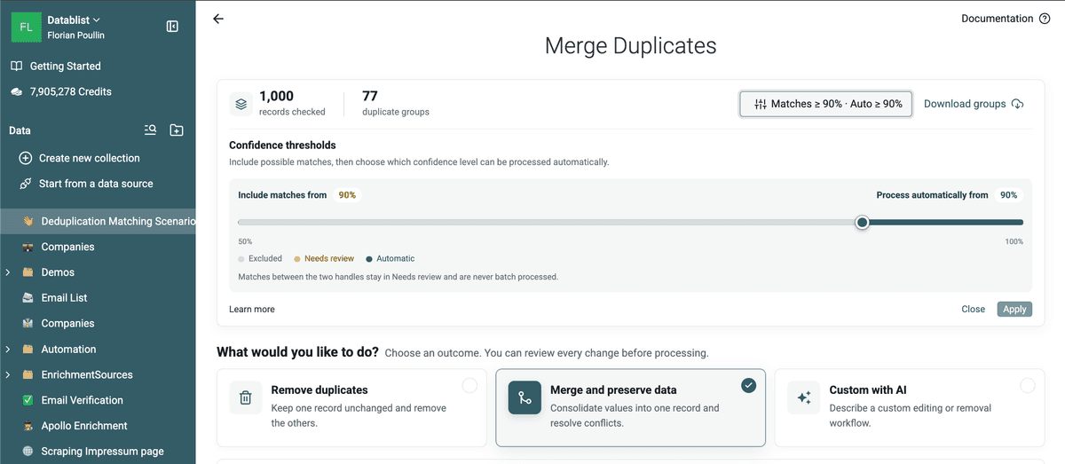 Levenshtein results with 1,000 records checked and 77 duplicate groups
