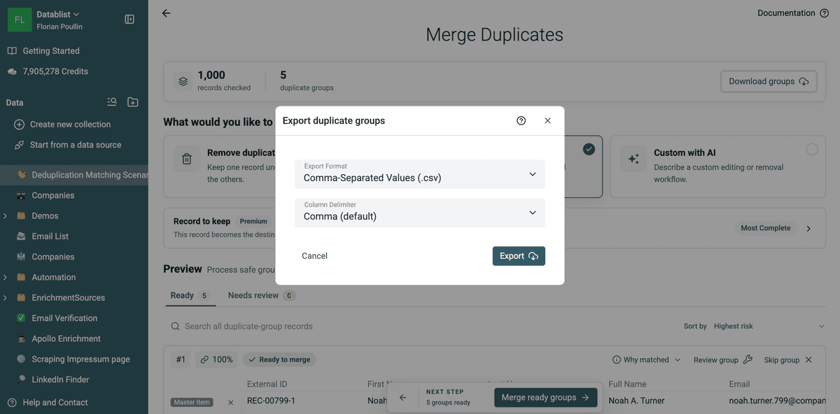 CSV format and delimiter settings for exporting duplicate groups