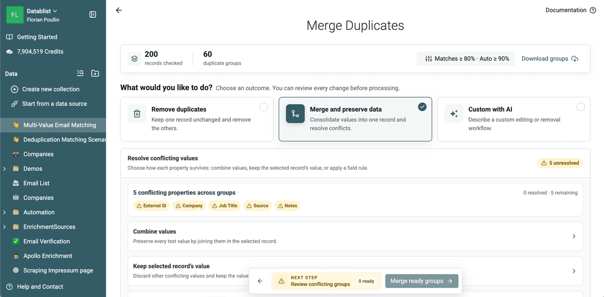 Merge and preserve data with five remaining conflicting properties