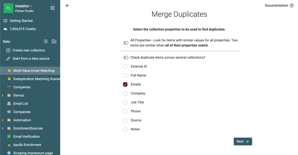 Selecting the Emails property for duplicate matching