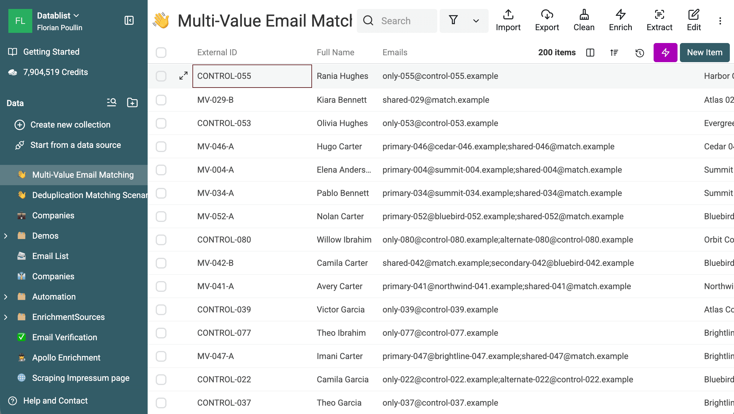 Uma collection com 200 linhas e emails separados por ponto e vírgula