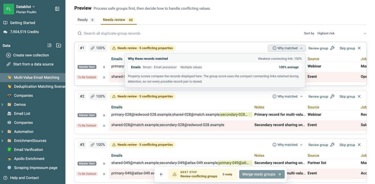Why matched details for a Multiple Values email comparison