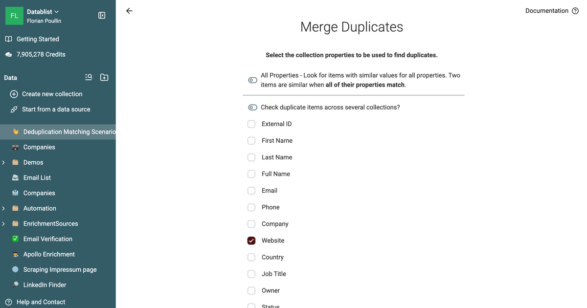 The Website property selected for duplicate matching