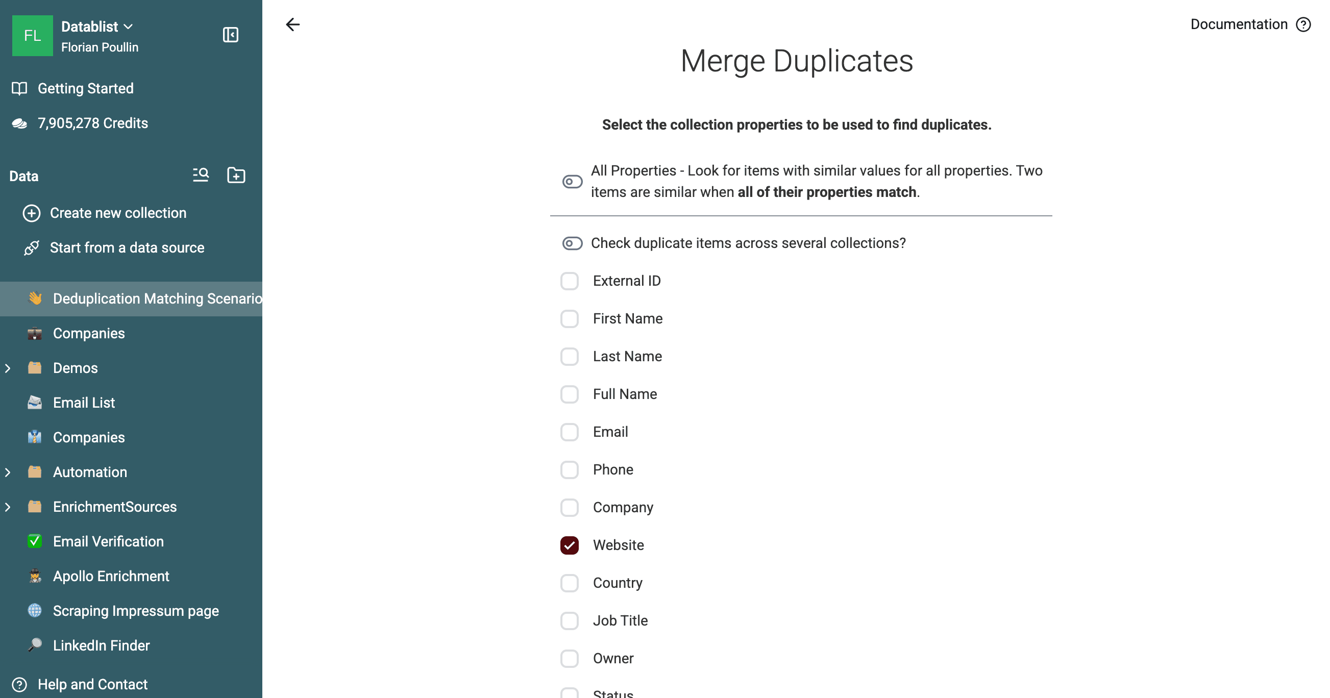 Propiedad Website seleccionada para buscar duplicados