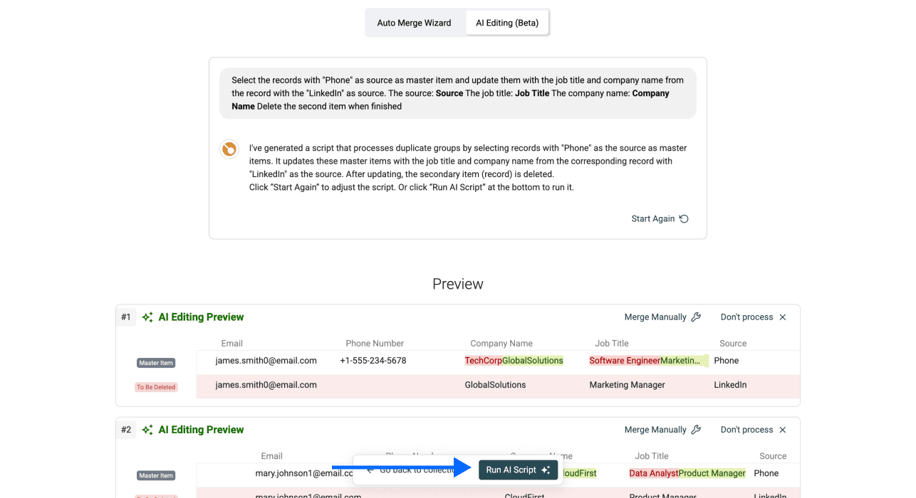 Three Ways To Deduplicate Spreadsheet Files - AI Deduplication Preview
