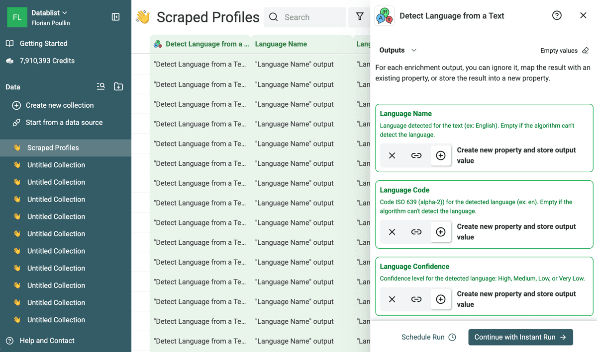 Configure language name, language code, and confidence output columns