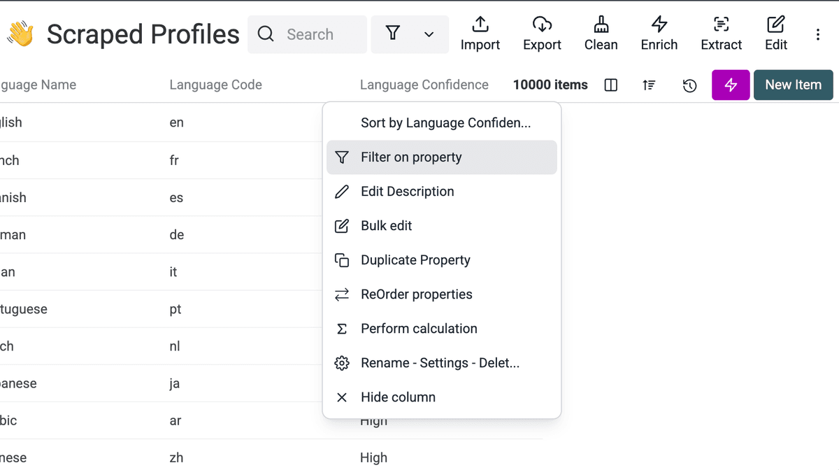 Open the Language Confidence column filter