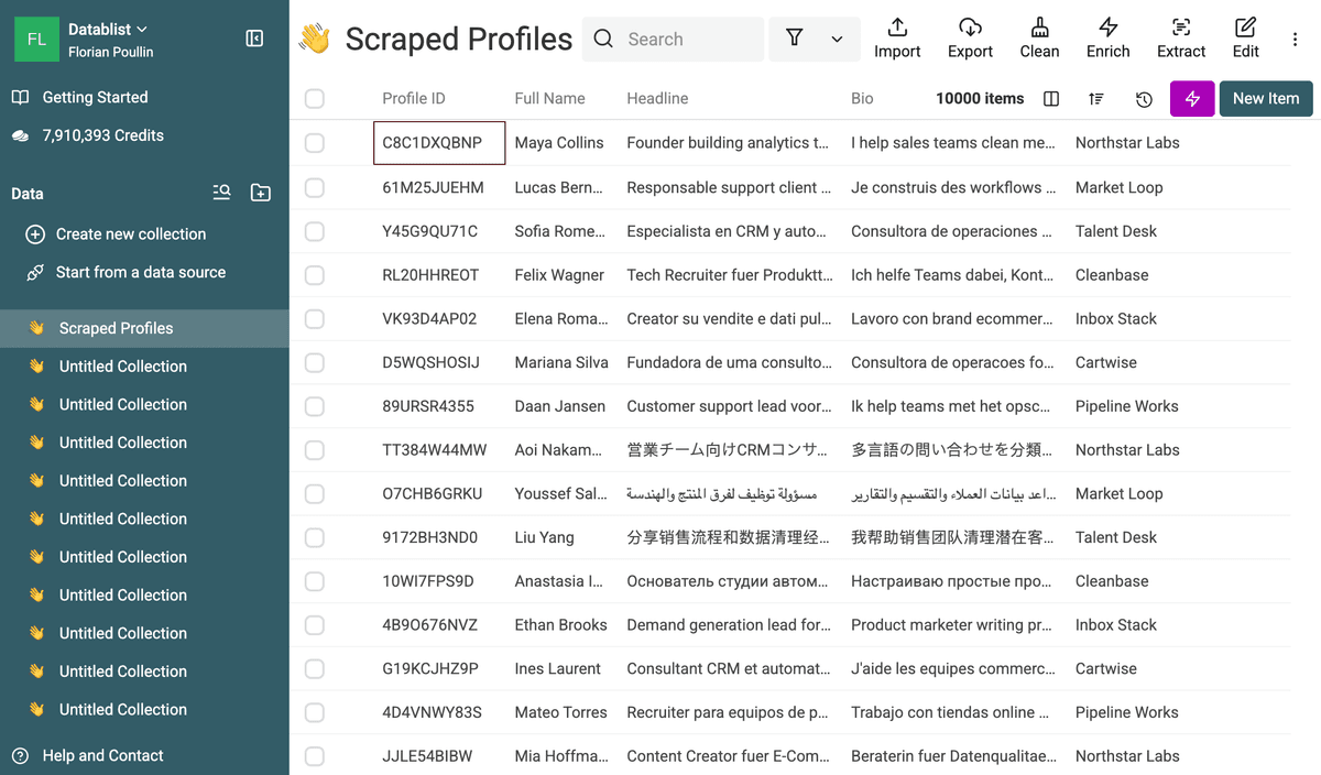 Imported multilingual profile dataset in Datablist