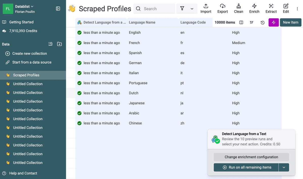 Review the first 10 language detection results before running the full file
