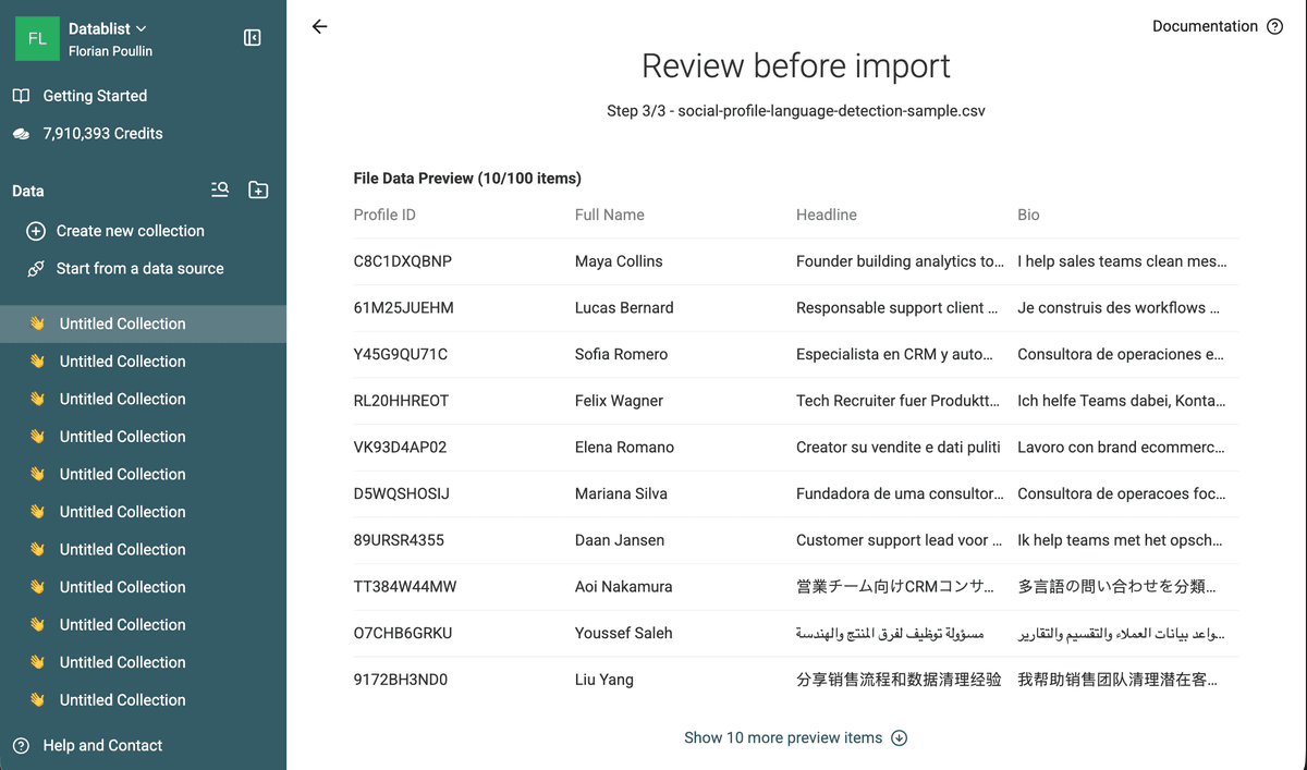Review the multilingual profile CSV before importing it
