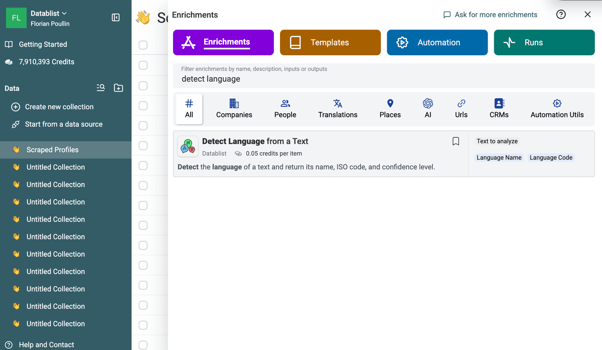 Select the Detect Language from a Text enrichment