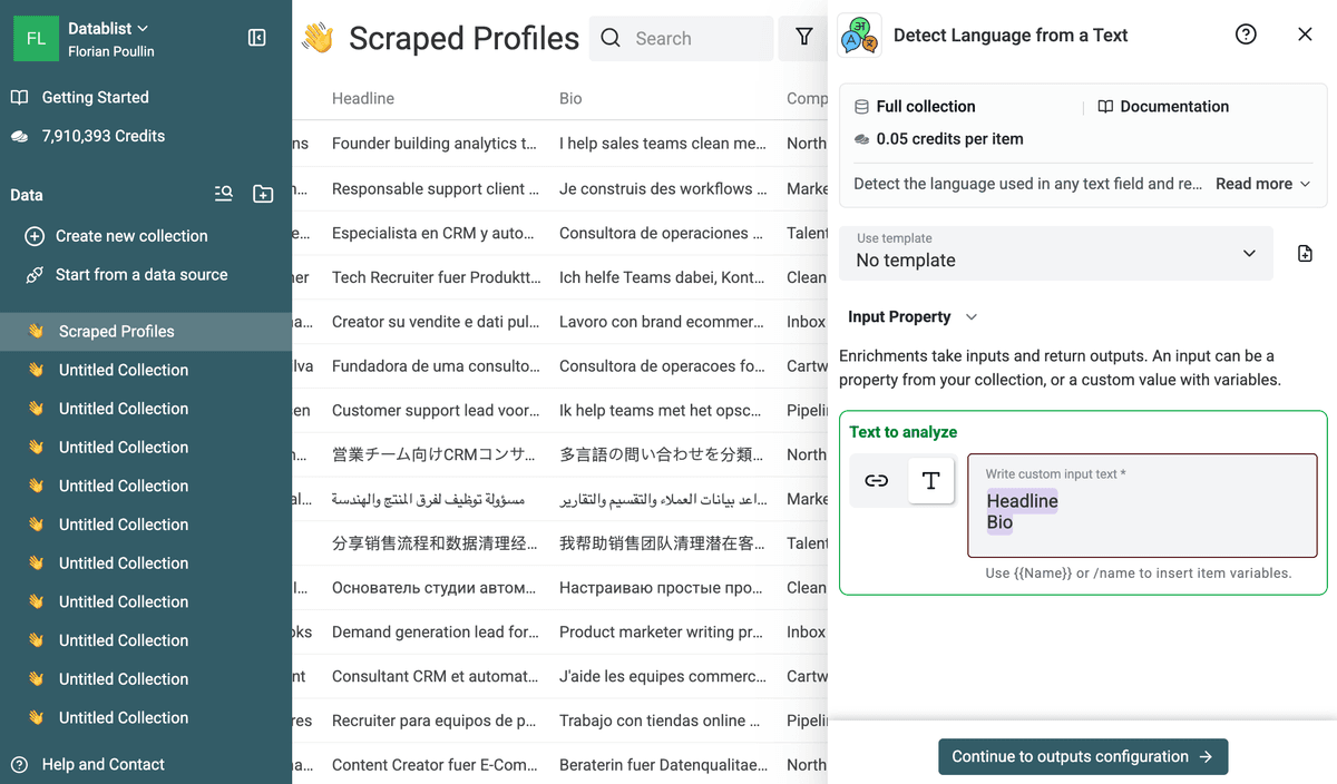 Select Headline and Bio as the text inputs for language detection