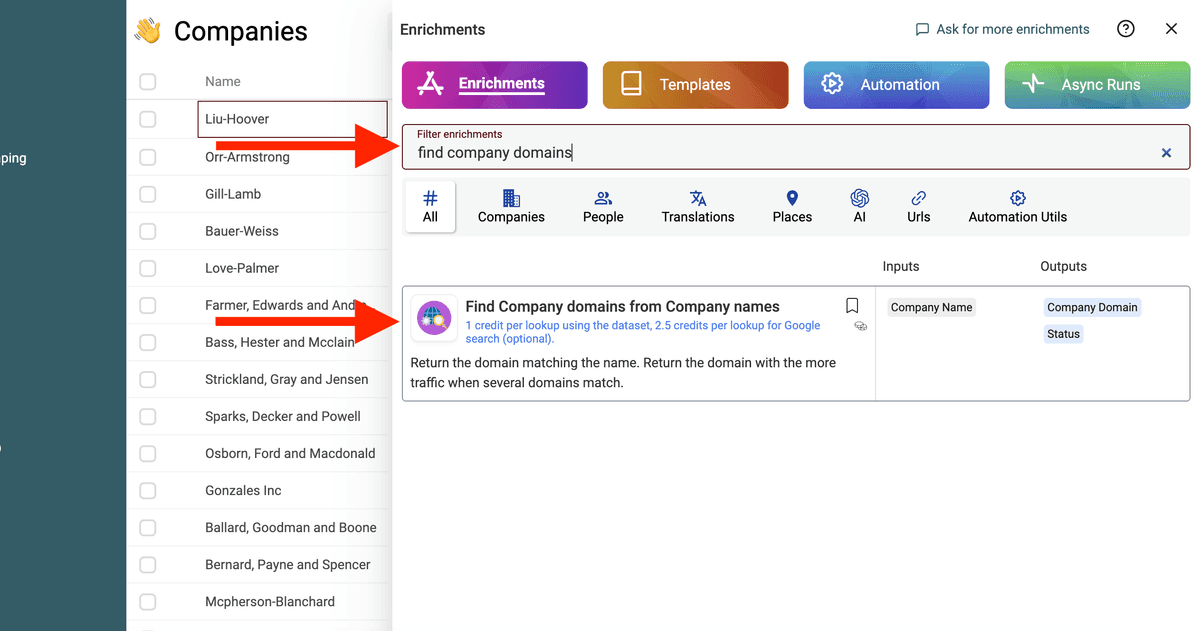 Select the "Find Company domains from Company names" enrichment
