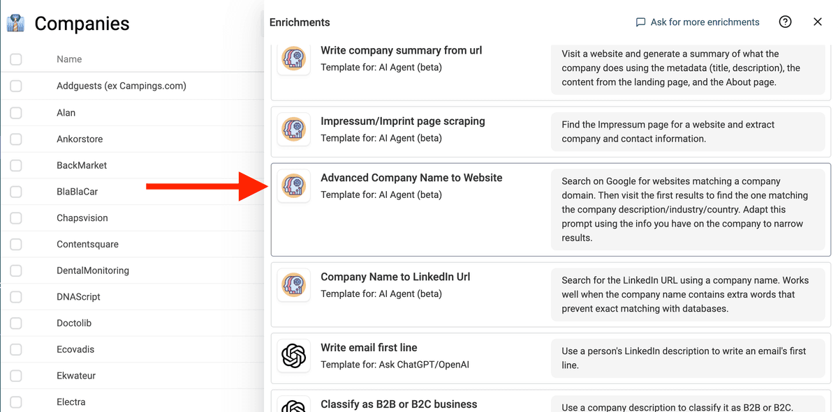 Select "Advanced Company Name to Website" template