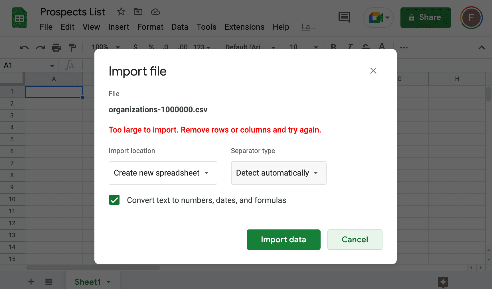 大容量CSVファイルを開いた際のGoogle Sheetsエラー