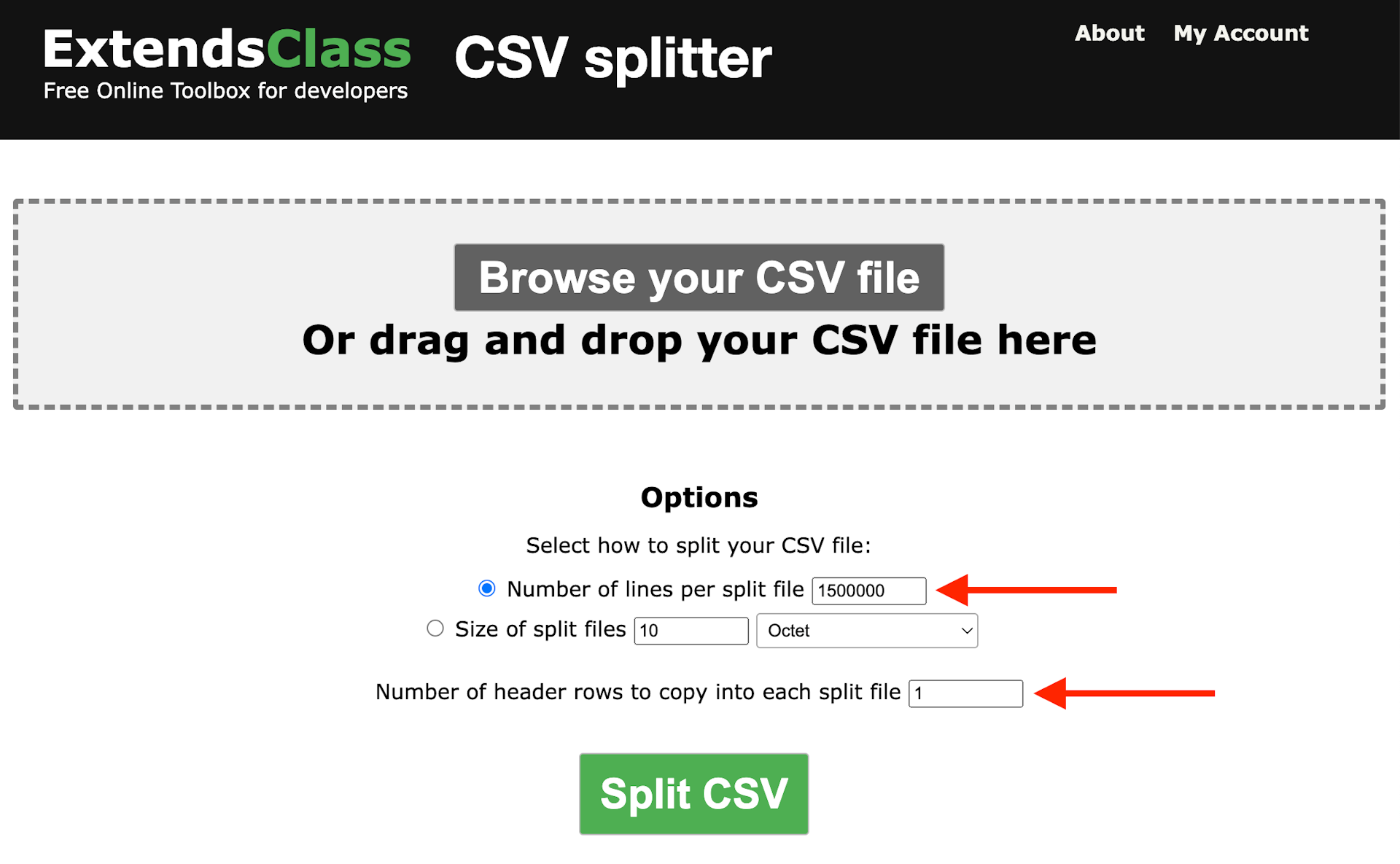 Split your big CSV file online