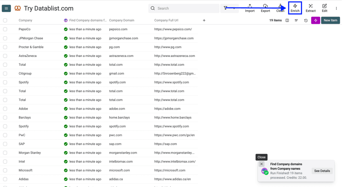 Enrich Company Data From Company Names - Domain List