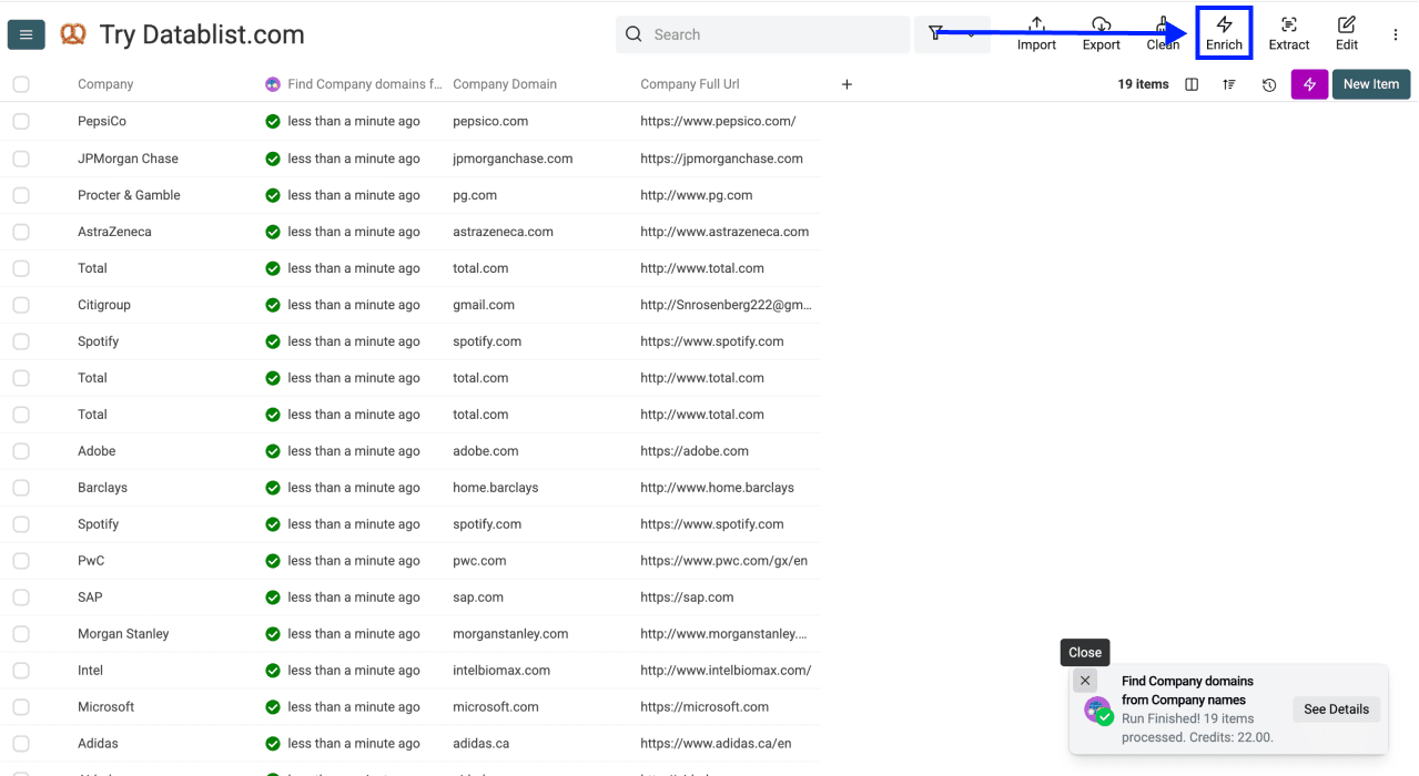 Enrich Company Data From Company Names - Domain List