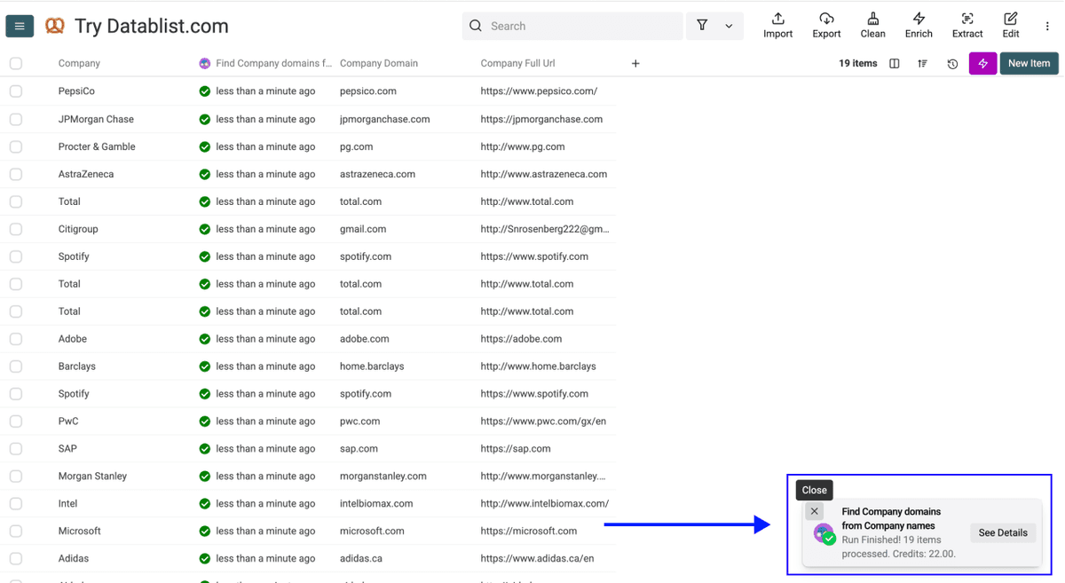 Enrich Company Data From Company Names - Website Finder Results Overview