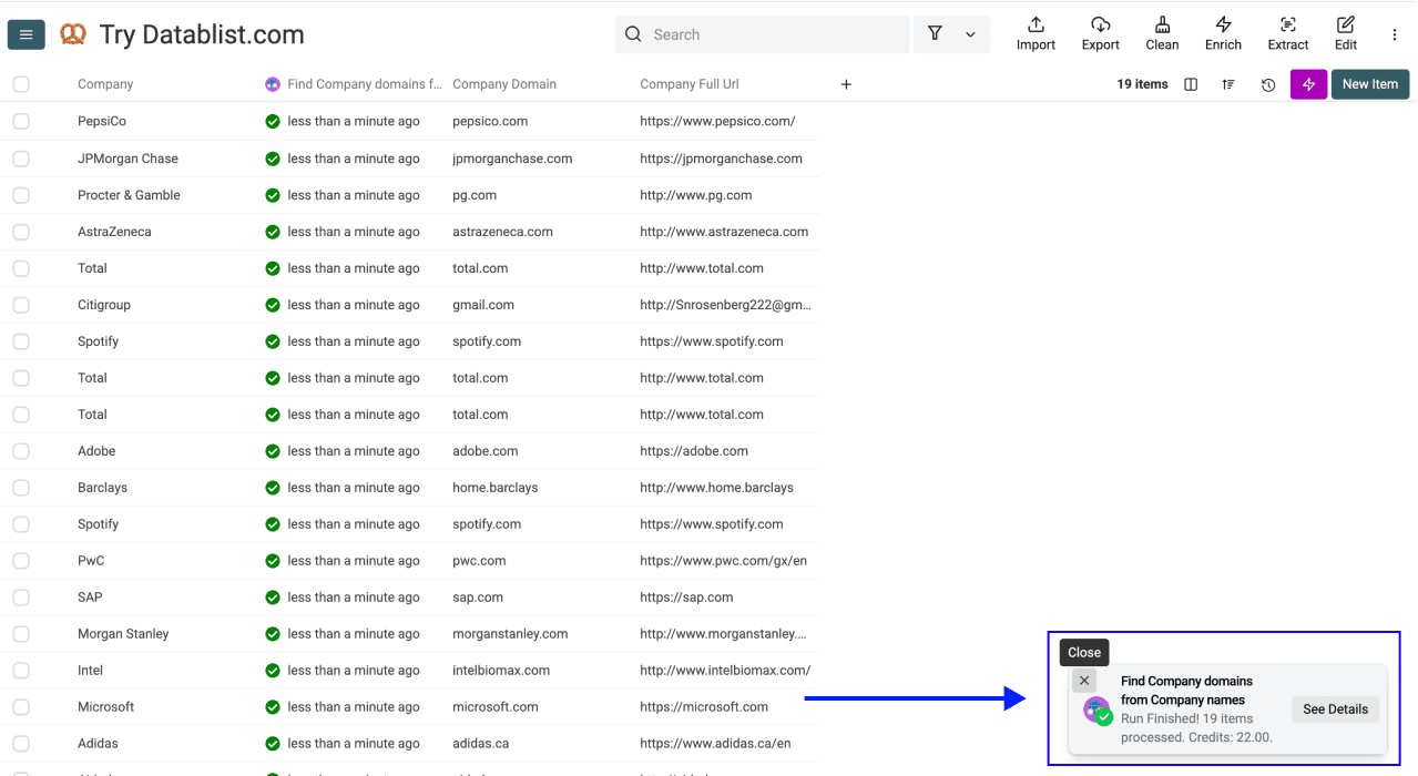 Enrich Company Data From Company Names - Website Finder Results Overview