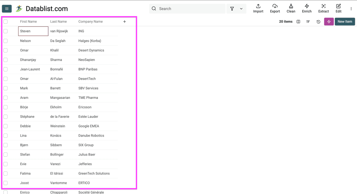 Liste des dirigeants EMEA pour automatiser la recherche