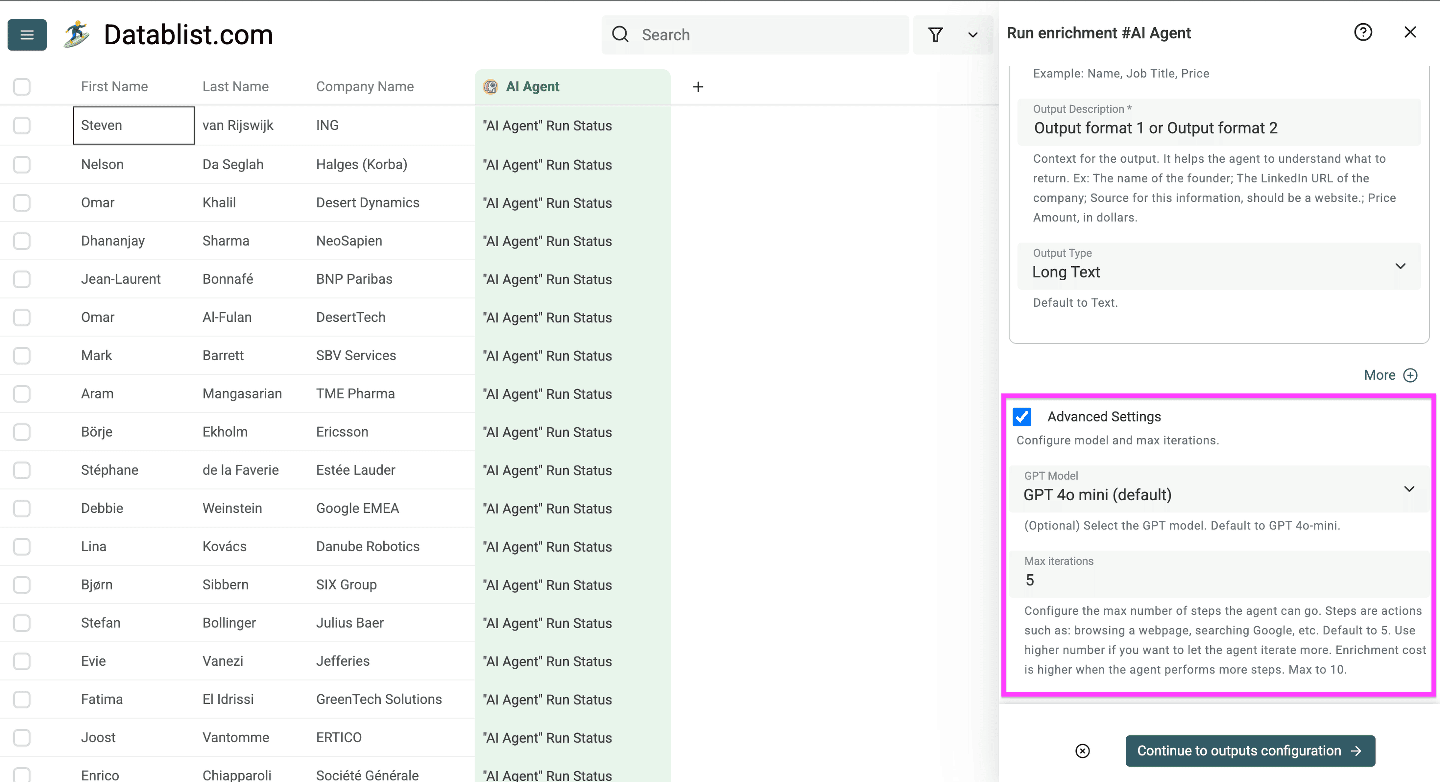 Configurações avançadas disponíveis no AI Research Agent
