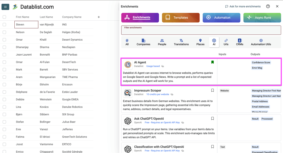Section enrichissements AI Datablist et AI research agent