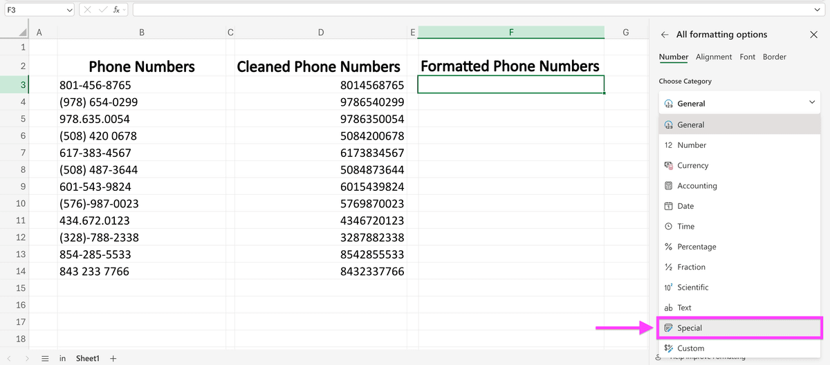 Formatting options in Excel