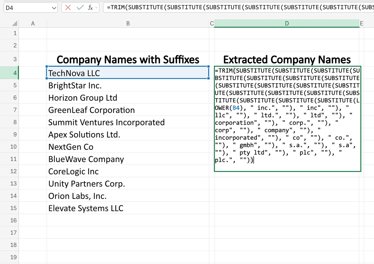 Formula to lowercase all company names and delete suffixes