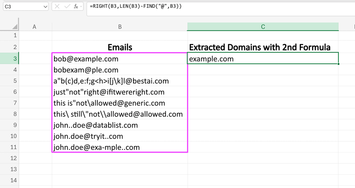 First domain extracted with the =RIGHT(B3,LEN(B3)-FIND("@",B3)) formula