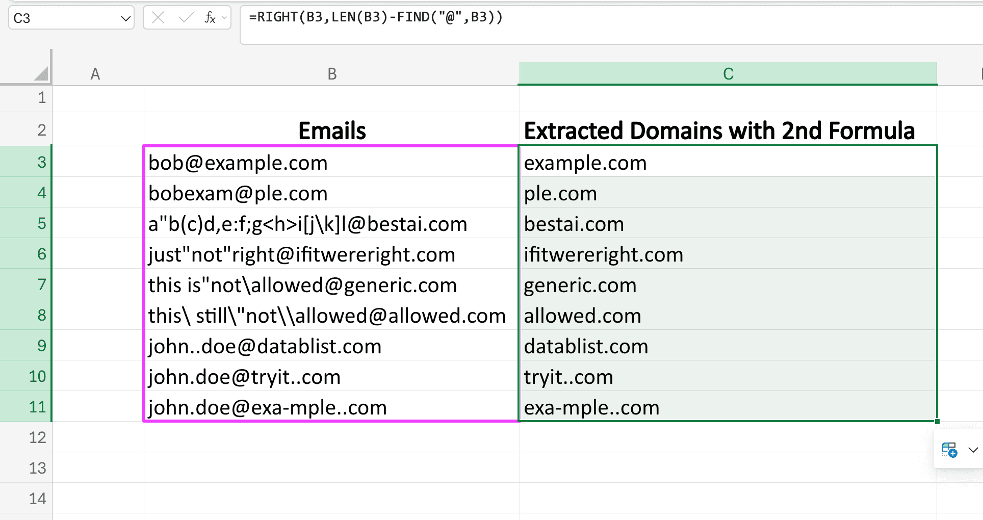 =RIGHT(B3,LEN(B3)-FIND("@",B3)) formula applied to extract all the domain names of my email list.