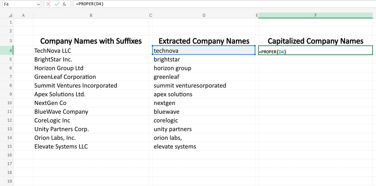 Formula that capitalizes the company names as proper nouns