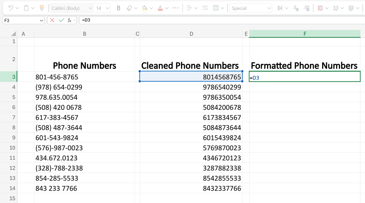 Simple formula to insert phone numbers into new column