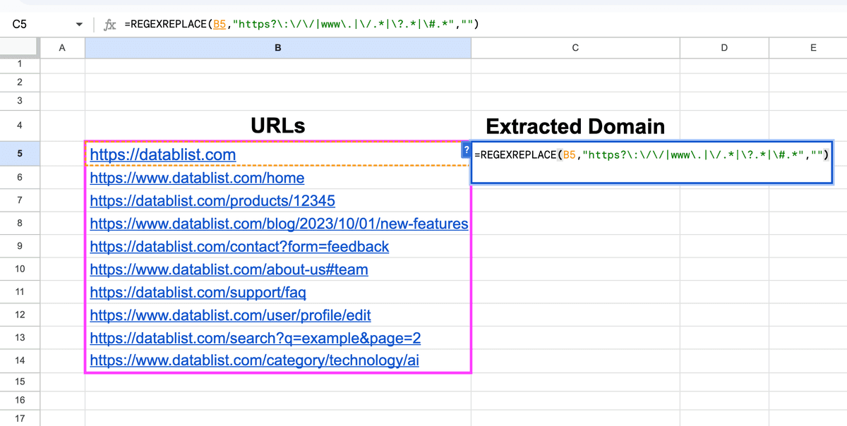 My “REGEXREPLACE” formula to extract domains in Google Sheets