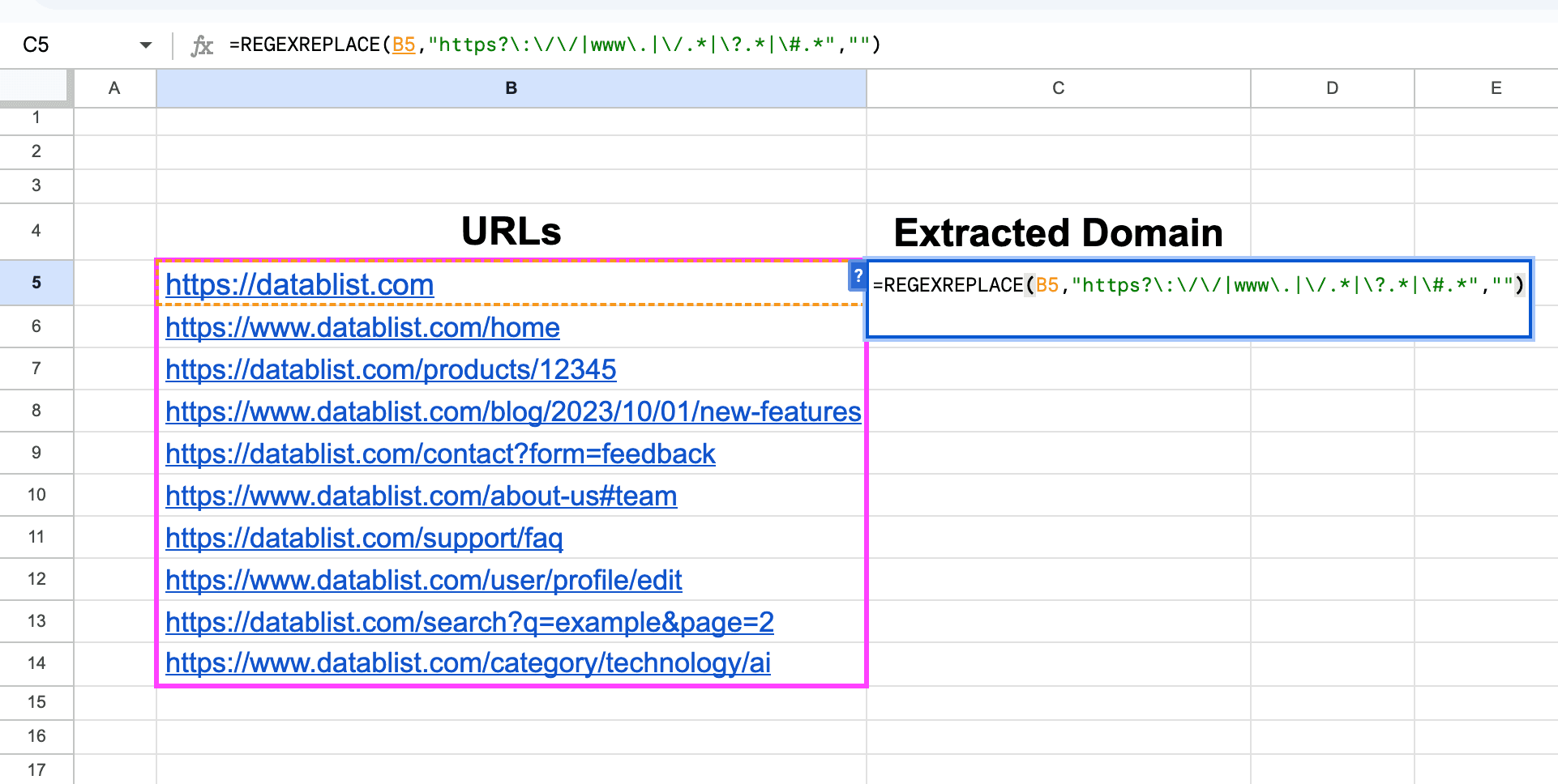 My “REGEXREPLACE” formula to extract domains in Google Sheets