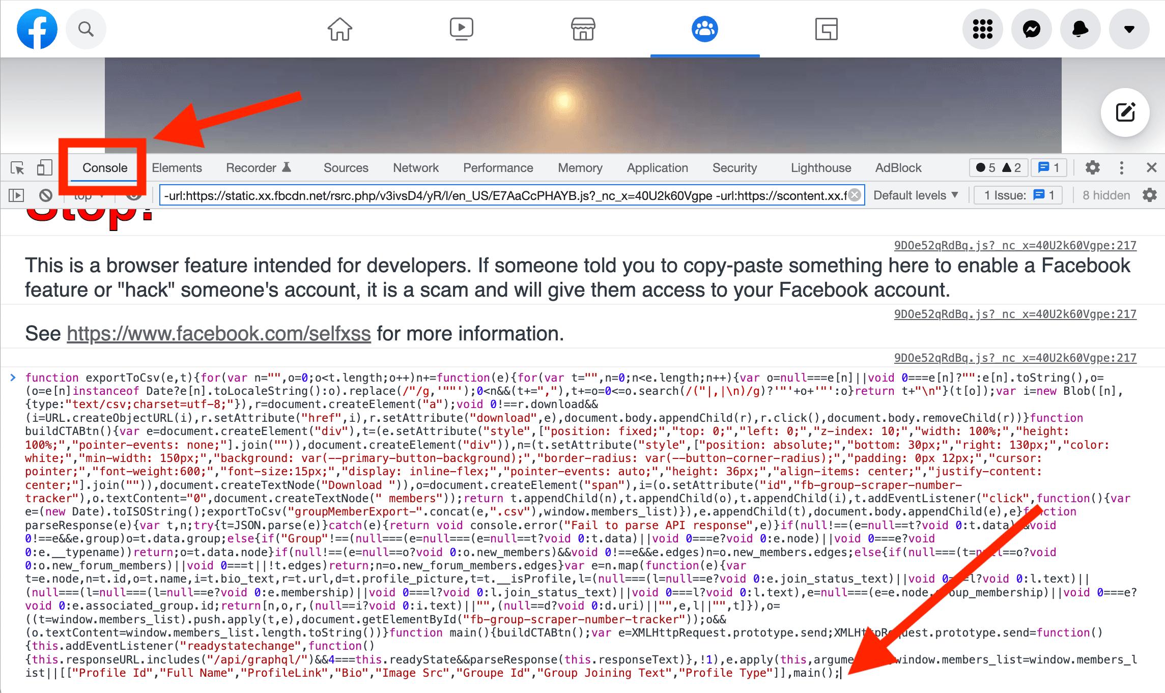 Copie e cole o script Facebook Group Extractor na aba Console.