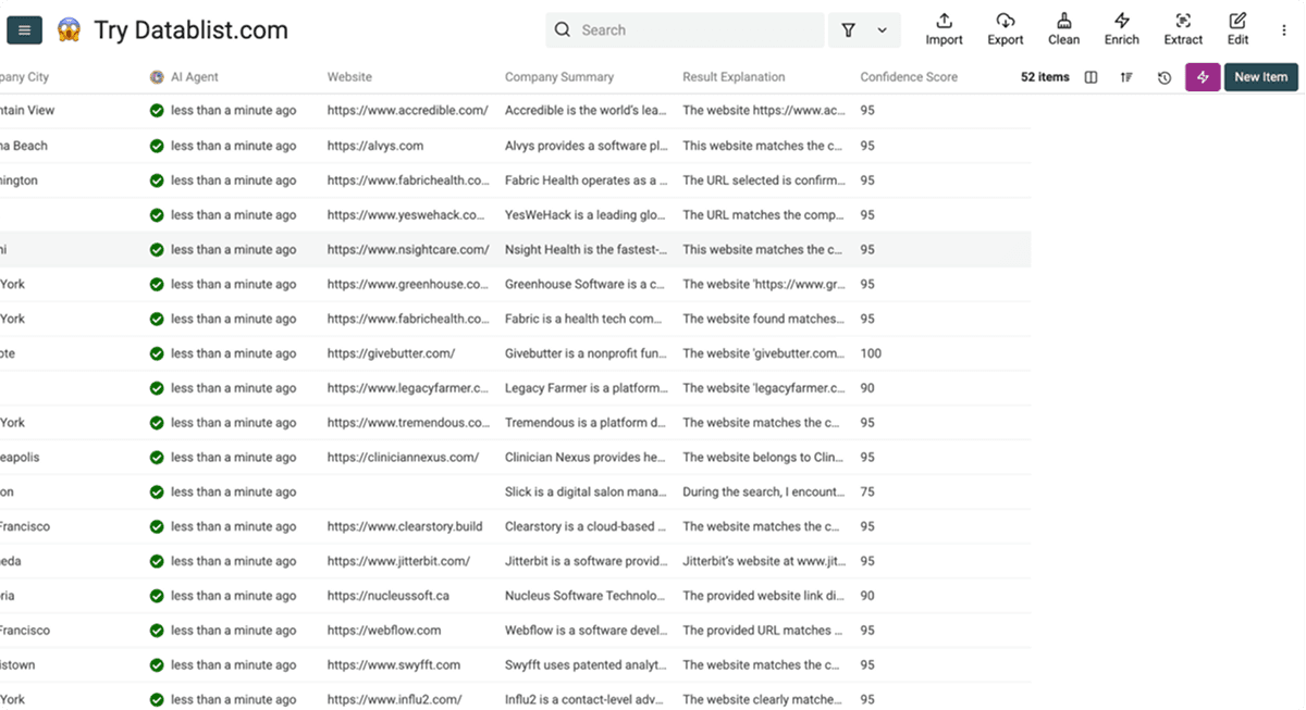 Review the AI Agent website results and confidence scores