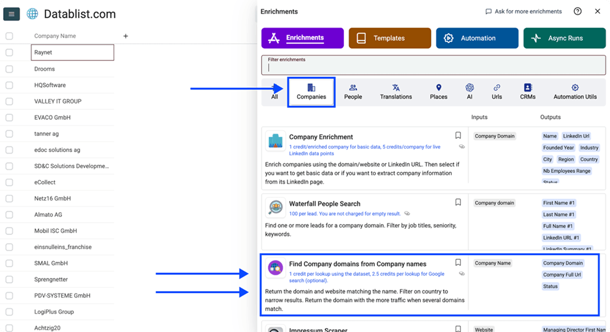 Select the Find Company Domain from Company Name enrichment