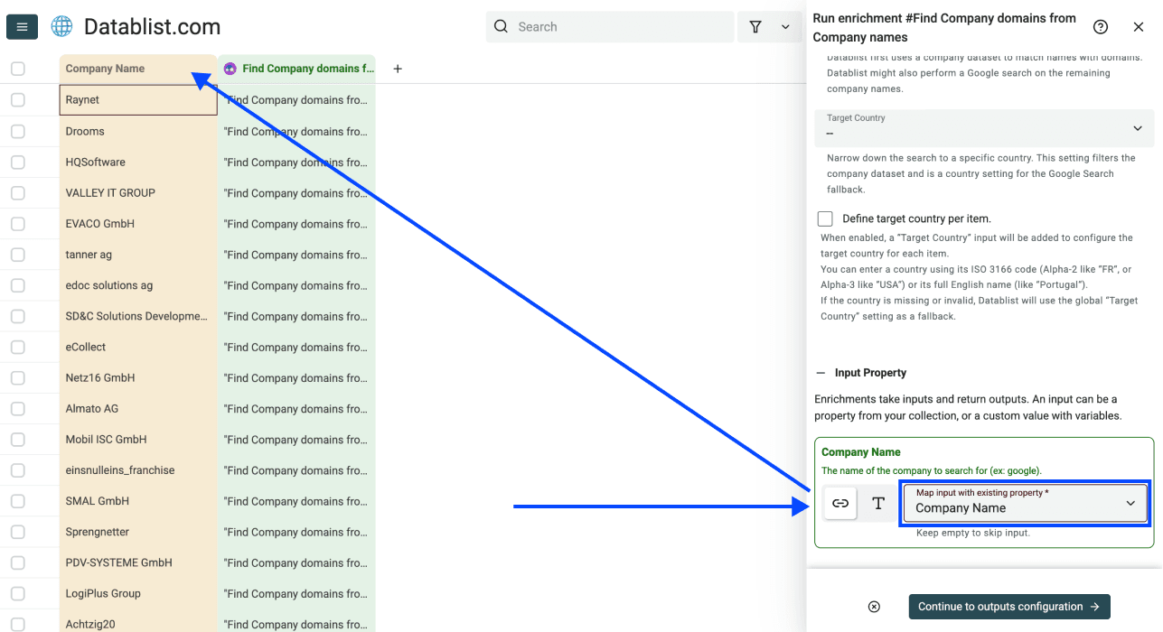Three Methods Find Websites From Company Names - Input Property Configuration