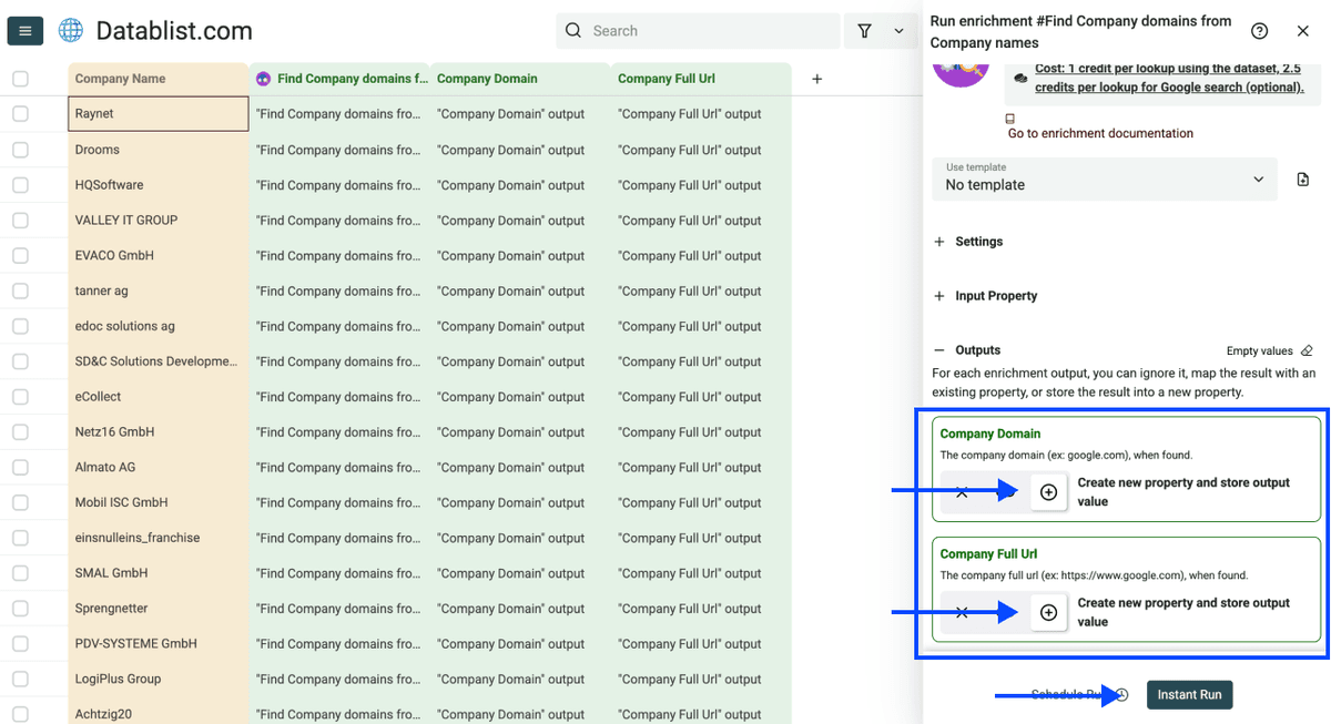 Three Methods Find Websites From Company Names - Outputs Configuration