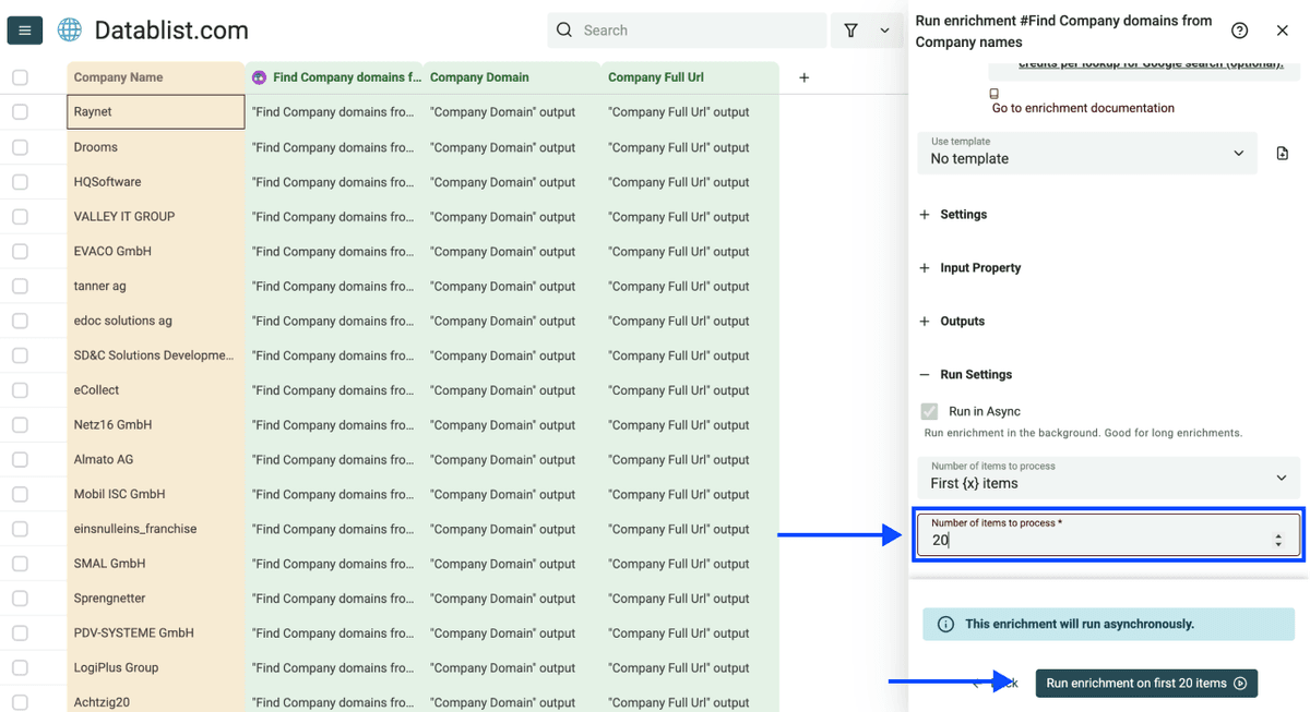 Three Methods Find Websites From Company Names - Run Settings