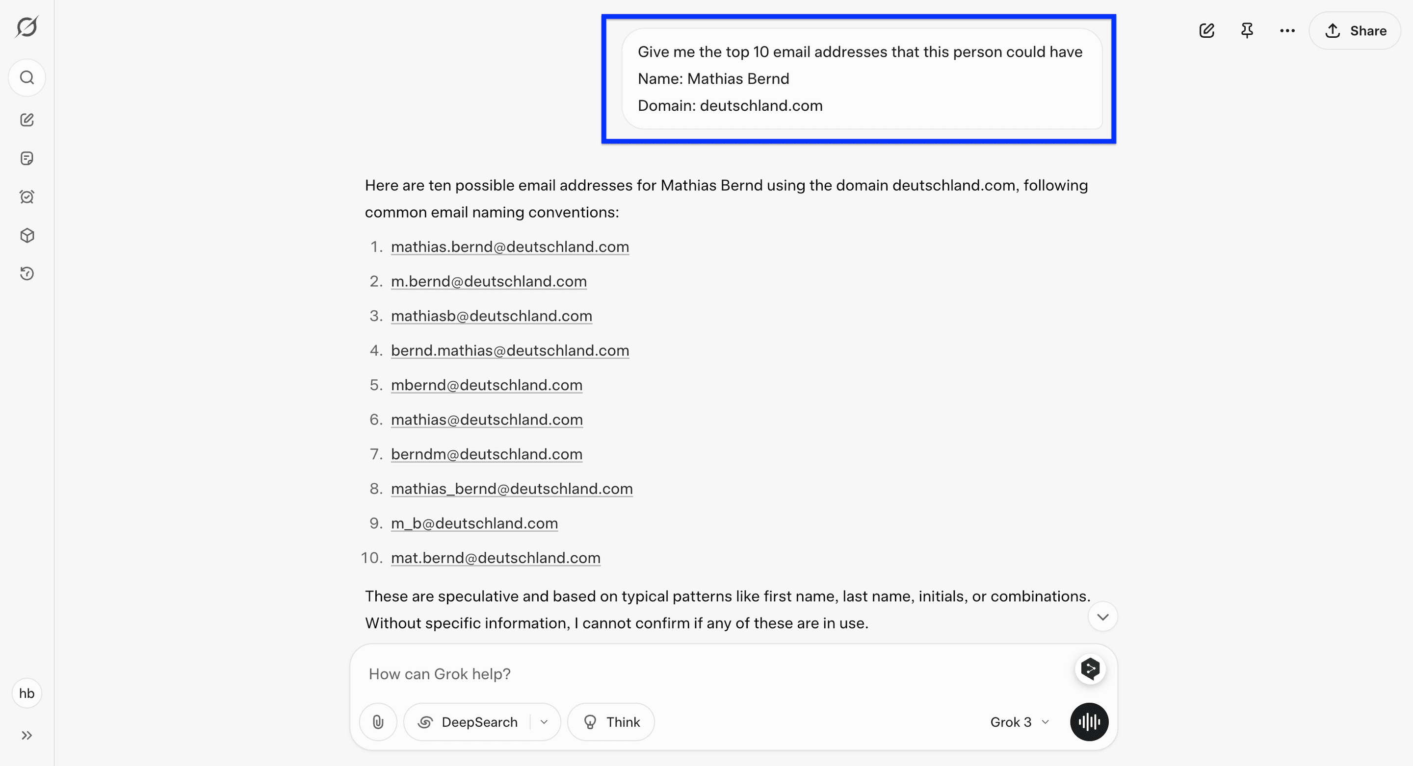 Uso de Grok para generar permutaciones de emails