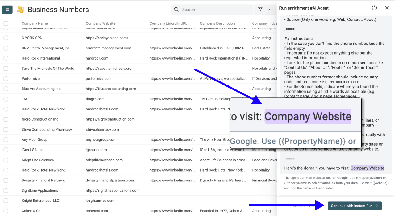 2 New Ways to Find Phone Numbers With Datablist - AI Agent Inputs Configured