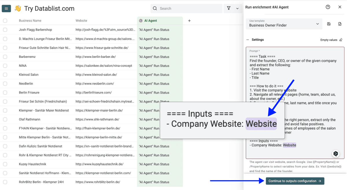 How To Find Small Business Owners - AI Agent Inputs Configured