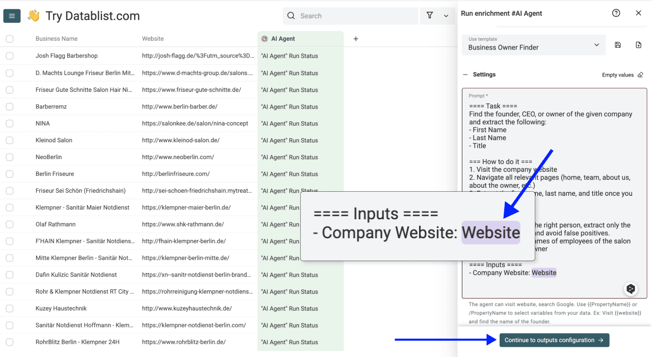 Como encontrar proprietários de pequenas empresas — inputs do AI Agent configurados