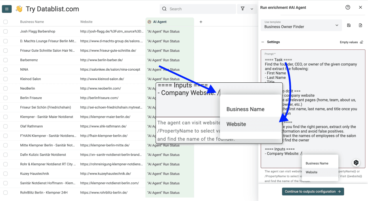 Como encontrar proprietários de pequenas empresas — configuração do input do AI Agent