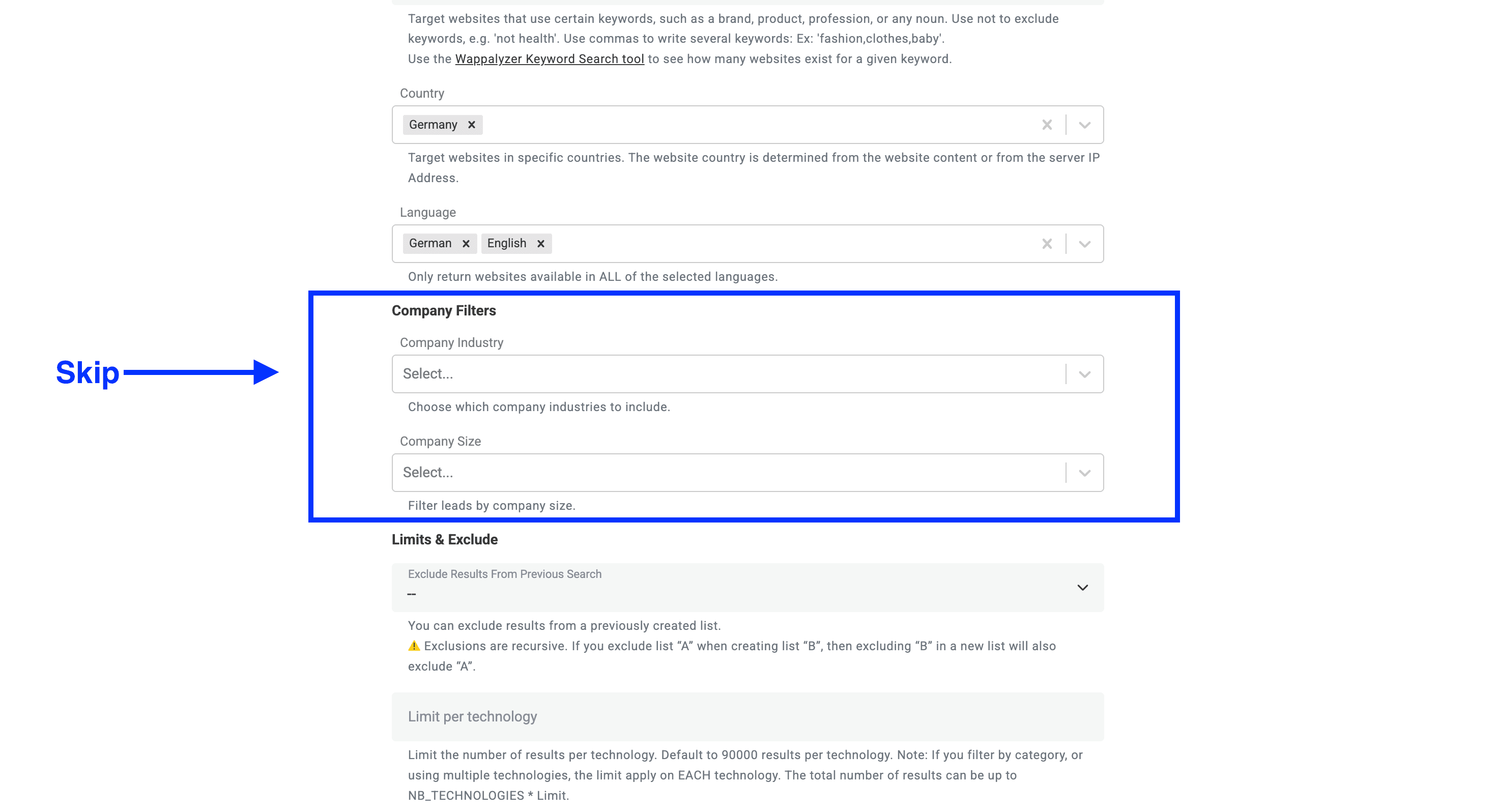 Technology Finder de Datablist, filtres entreprise