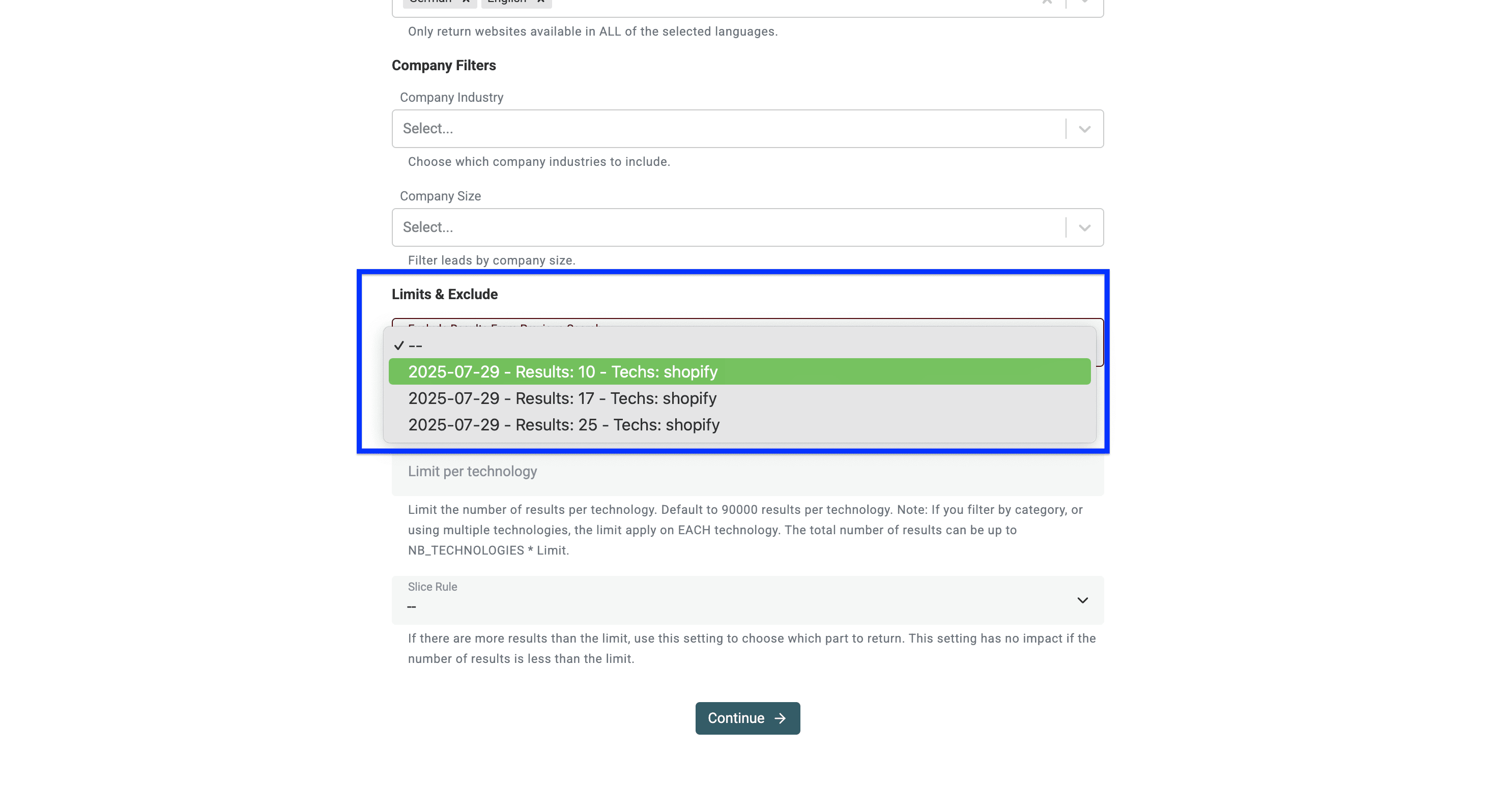Technology Finder de Datablist, filtre d’exclusion
